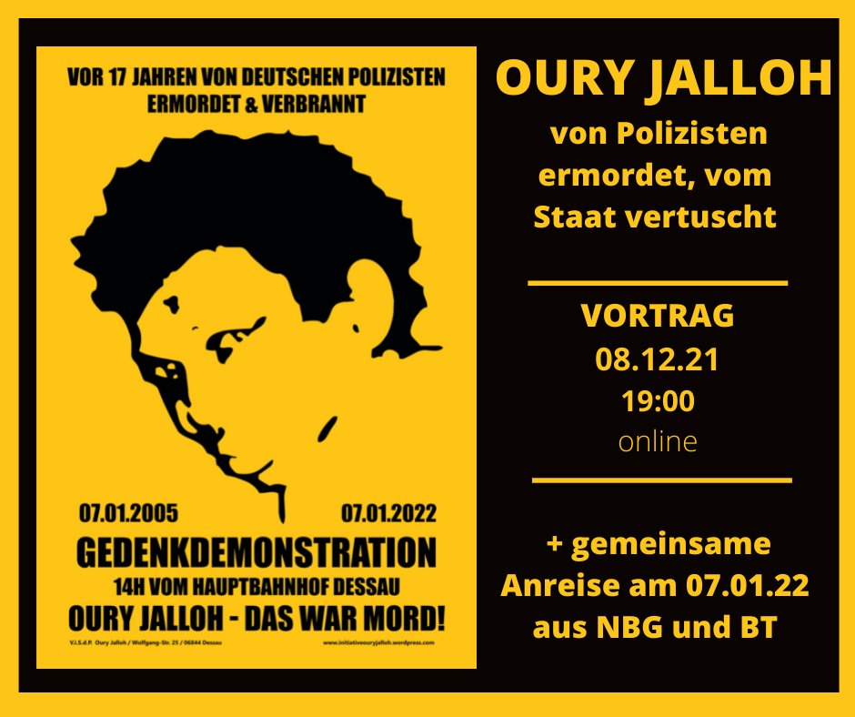 Oury Jalloh – Gedenkdemonstration (Dessau) und Vortrag (online)
